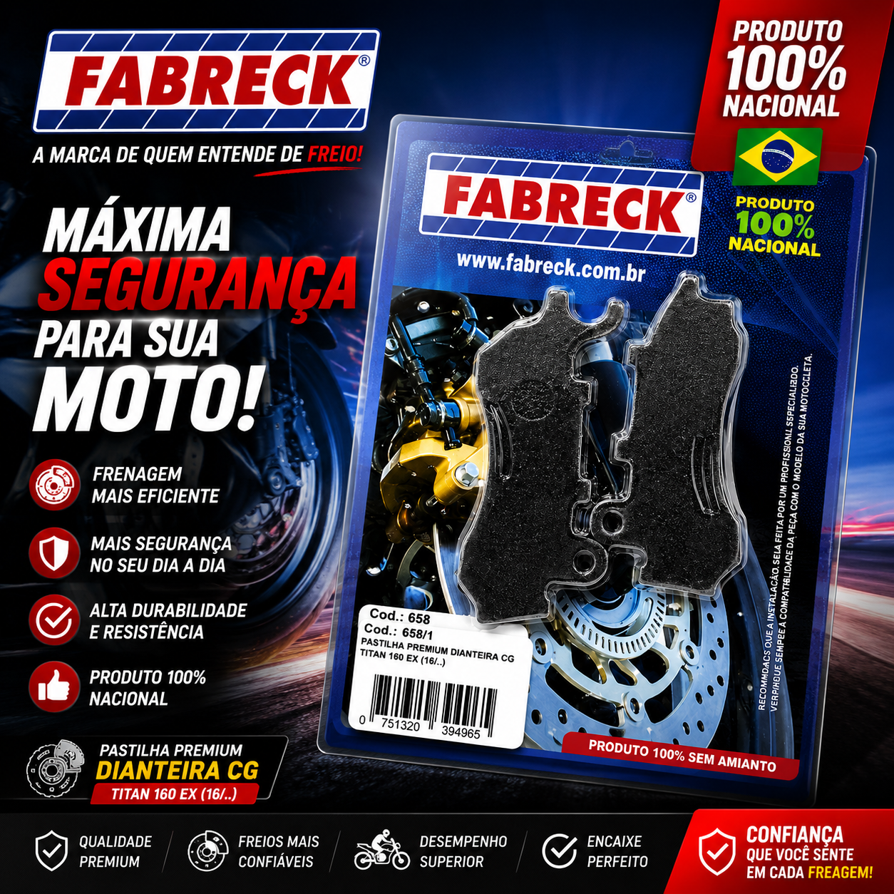 Pastilha de Freio Dianteira Fabreck Premium Honda CG 160 Titan/Fan/Start 2016 a 2026